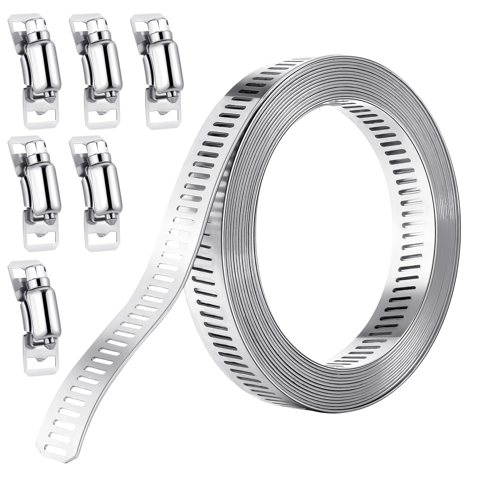 RosewineC Hose Clamp, 3m/9.8ft Adjustable Jubilee Clips Stainless Steel Hose Clips with 6 Fasteners, Large Clamps Worm for Pipe, Plumbing, Intercooler Tube Exhaust Ducting Fuel Line