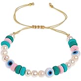 BXDA Freshwater Pearl Heishi Clay Beads Ball Bracelets for Women, Cute Handmade Adjustable Colorful Friendship Strand Bracelet Summer Beach Jewelry Gift