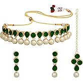 Aheli Kundan Pearl Traditional Ethnic Choker Necklace Earring Maangtikka Jewelry Set Gift for Women