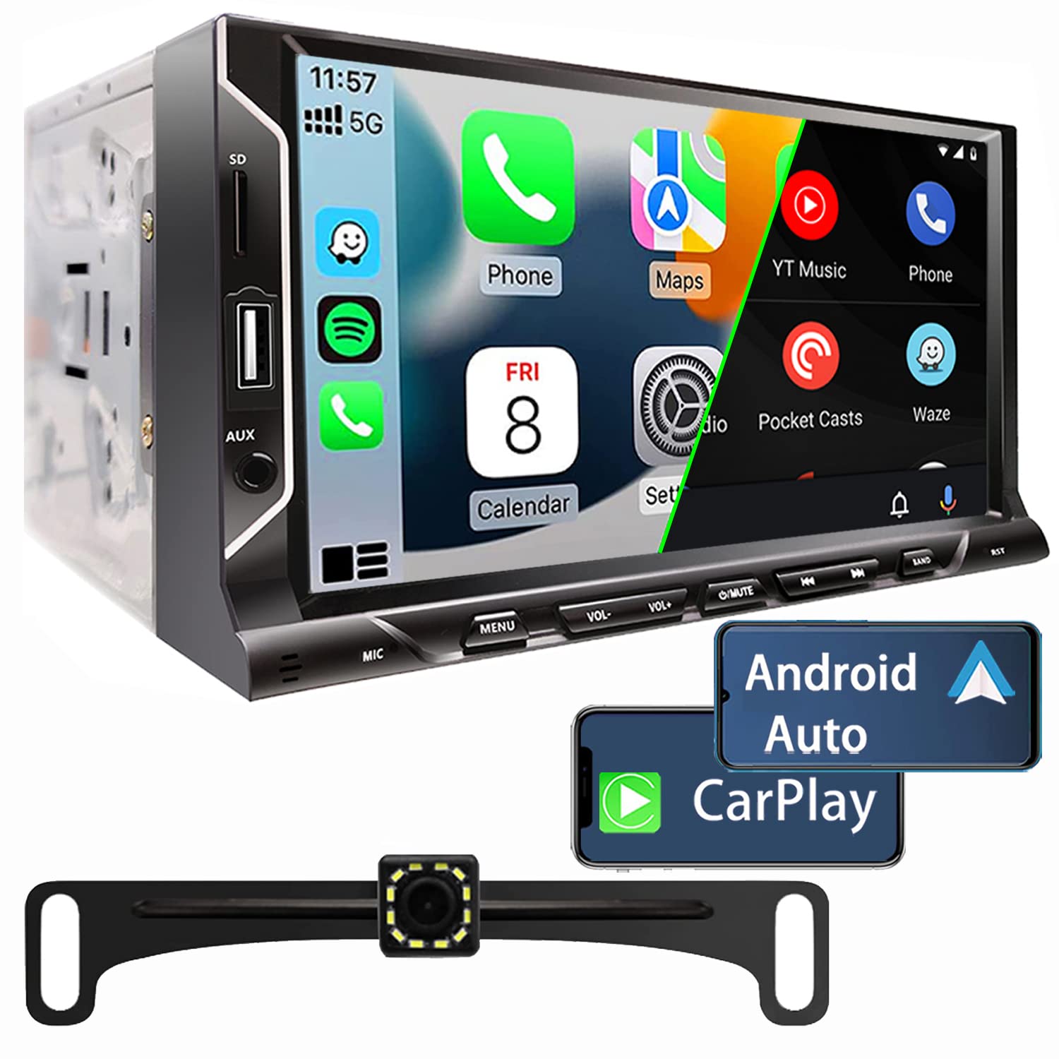Photo 1 of 7 Inch Double Din Car Stereo Support Apple CarPlay Android Auto Mirror Link Capacitive Touchscreen Monitor Car Play Radio with Bluetooth 5.0, FM Radio, USB/TF/AUX Port, Backup Camera, Remote Control