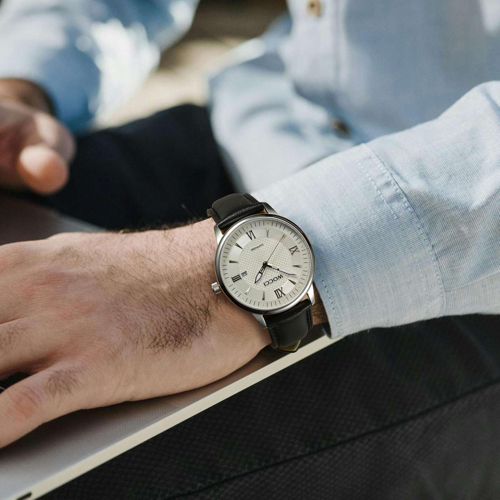 WOCCI 20mm Vintage Leather Watch Band for Men and Women, Silver Buckle (Black)