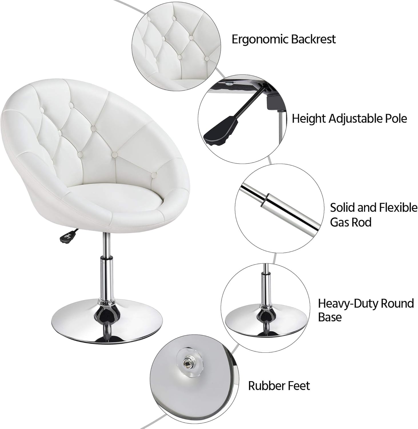 YAHEETECH Adjustable Modern Round Tufted Back Chair Tilt Swivel Chair Vanity Chair Barstool Lounge Pub Bar,White: Furniture & Decor