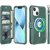 VANAVAGY Compatible for iPhone 13 Mini Wallet Case for Magsafe Wireless Charging, PU Leather Flip Folio Phone Case with Wrist Strap RFID Blocking Card Holder Screen Protector, Forest Green