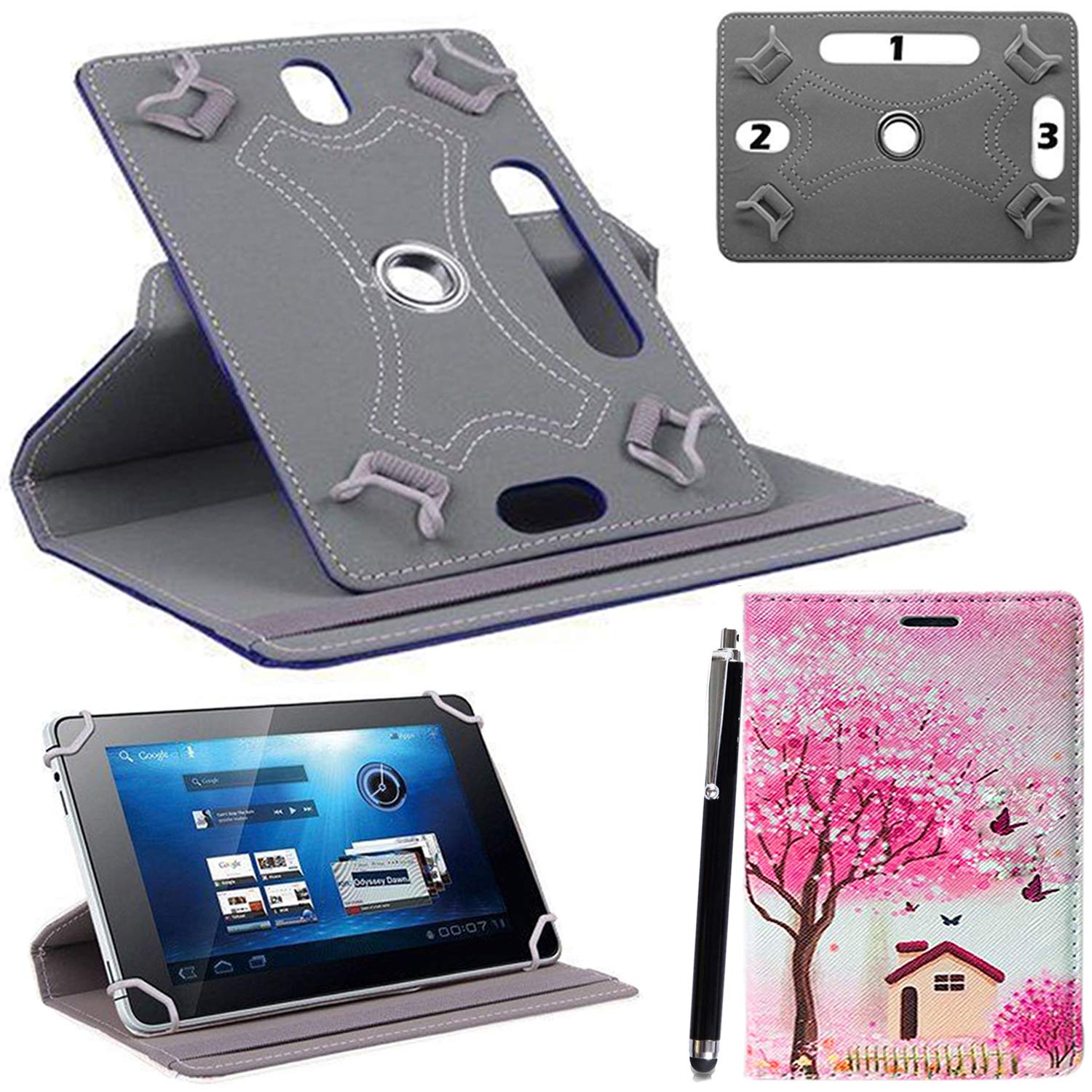 10 inch Tablet Case Cover - Universal Leather Stand Case Folio Case Cover Leather 360° Rotating Fits to ALL 10" Inch & 10.1" Inch Android Tablets tab + Stylus Pen (PINK TREE HUT BOOK)