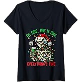 Womens I'm Fine Everything is Fine Christmas Skeleton Xmas Lights V-Neck T-Shirt