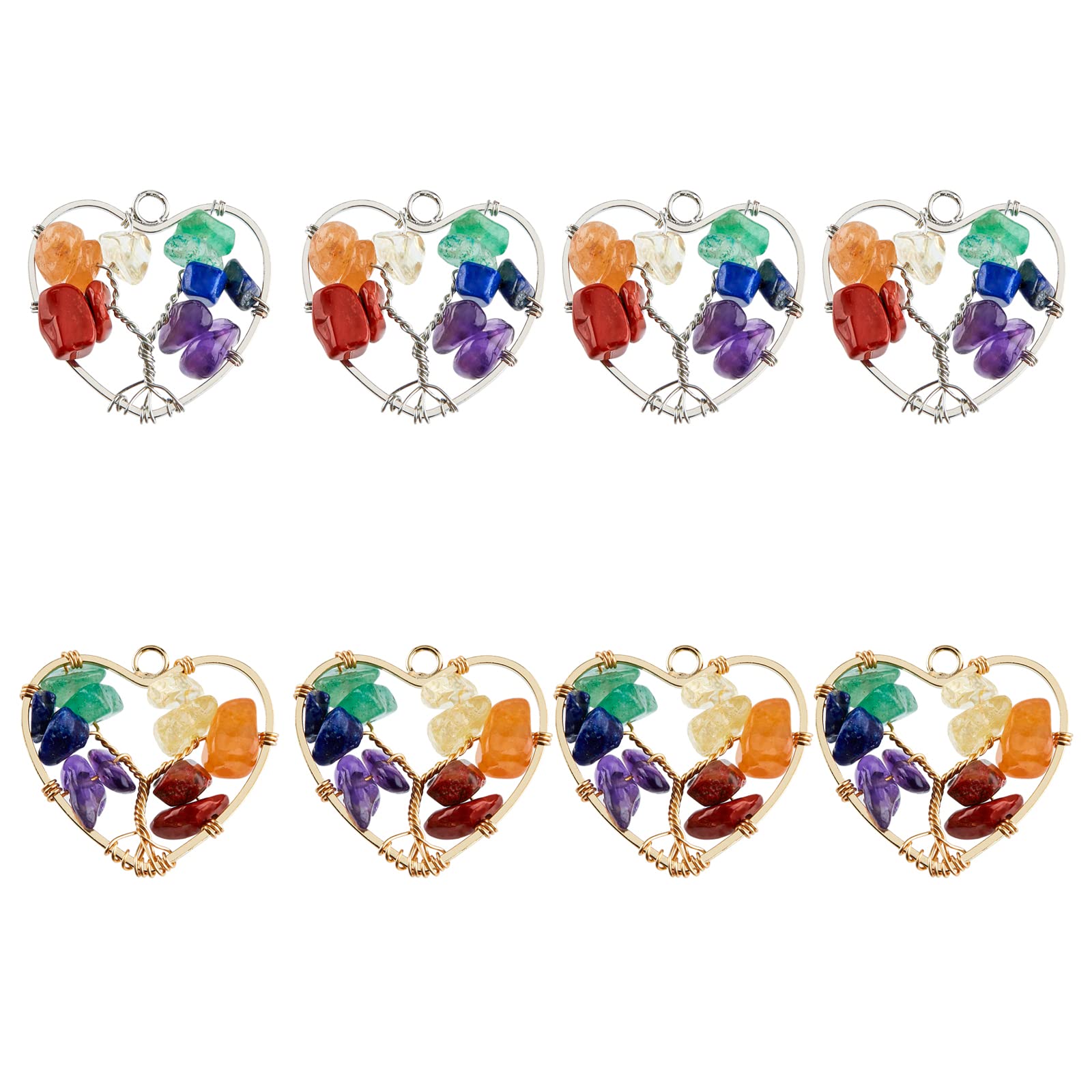 SUPERFINDINGS 8Pcs 2 Colors Heart Tree of Life Gemstones Pendant Crystal Quartz 7 Chakra Crystals Gemstones Charms Life of Tree Pendant Charms for Jewelry Making, Hole: 2mm