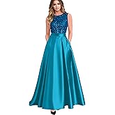 DLWPSC Sparkly Sequin Prom Dresses Long Ball Gown Satin Sleeveless Formal Evening Gowns with Pockets