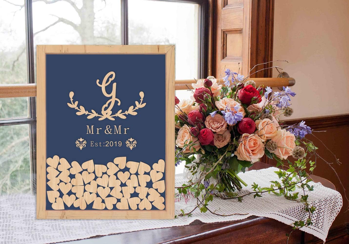 kiskistonite Personalized Drop Box Wooden Frame Wedding Guest Book Alternative - Custom with Mr & Mrs Initials G Name and Wedding Date- Wedding Guestbooks Keepsake Navy Blue 12"x14"