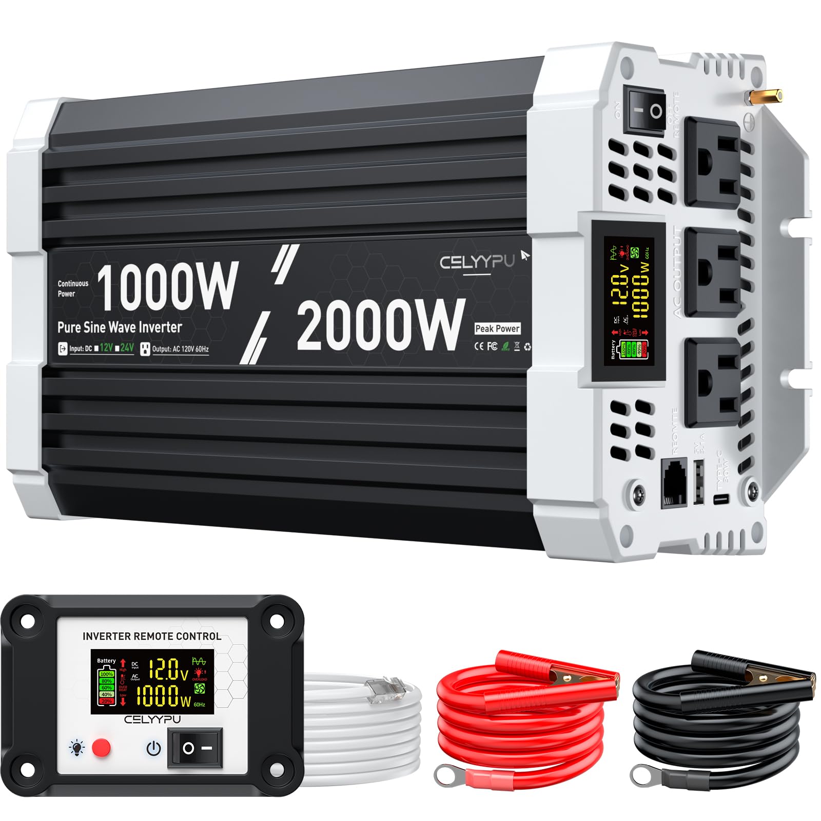 Photo 1 of 1000 watt Pure sine Wave Inverter, 12V DC to 110V AC Power Inverter, Used for Solar Emergency Power Supply in RV Homes, with 3 AC Output sockets, USB Port, Type-C Port, Remote Control with LCD Screen