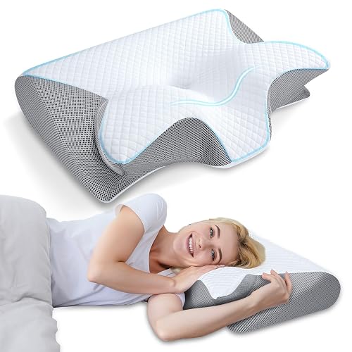 HOMCA Memory Foam Pillow, 2 in 1 Cervical Pillow for Neck Pain Relief, Ergonomic Neck Support Pillows for Side Back Stomach Sleepers with Breathable Pillowcase (Gray)