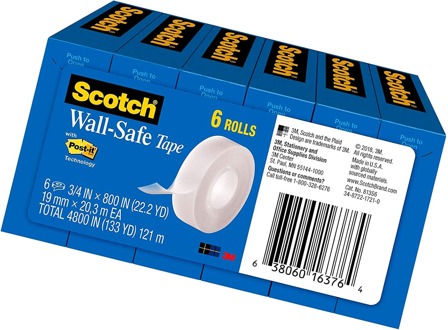 3/4 x 800 Inches Scotch WallSafe Tape 813S6 Designed for Hanging