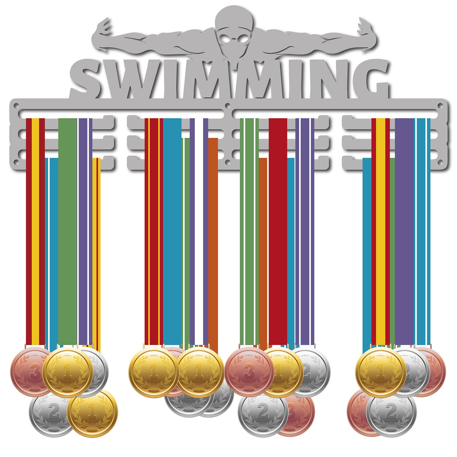 CREATCABIN Swimming Medal Holder Swimmer Sport Medals Hanger Athlete Awards Display Stand Wall Rack Mount Decor Stainless Steel Metal Hanging for Home Badge Medalist Over 60 Medals 15.7 x 5.9 Inch