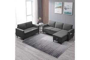 ZAFLY Convertible Sectional Sofa Couches,3 Pcs Couches Set with Storage Ottoman for Living Room,Modular L Shape and Loveseat Sets Including 3 Seat Sofa,Ottoman Loveseat,Dark Grey