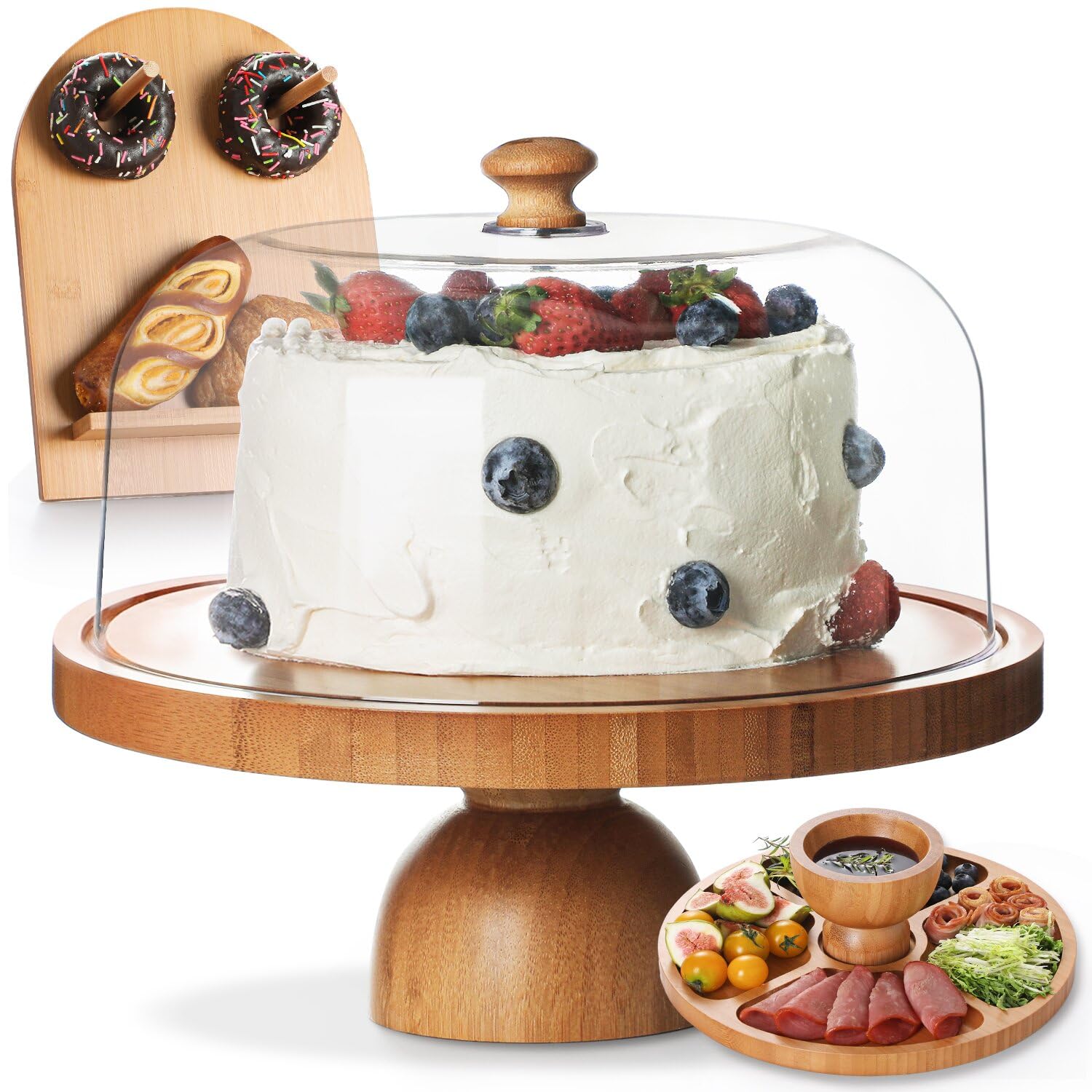 Photo 1 of *MINOR DAMAGE - USED*
Emojoy Bamboo Cake Stand with Lid, 11in Round Cake Stand with Dome, Versatile Dessert Table Display Set, Cake Display Stand with Acrylic Dome, Charcuterie Boards for Birthday, Party