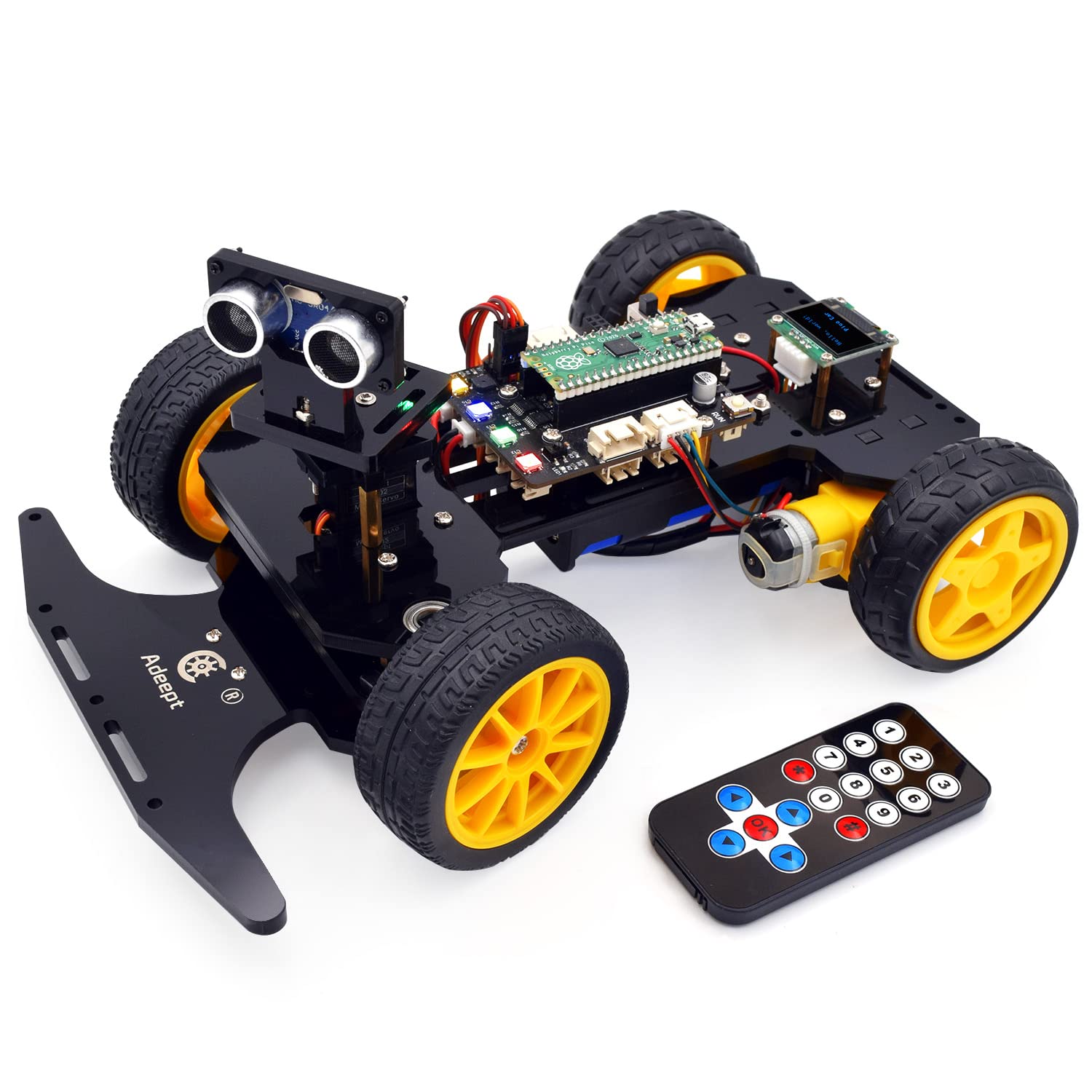 Adeept Smart Robot Car Kit for Raspberry Pi Pico, Line Tracking, Obstacle Avoidance, Colorful Light, OLED Display, DIY STEM IR Remote Controlled Educational Robot with MicroPython Code and Tutorials