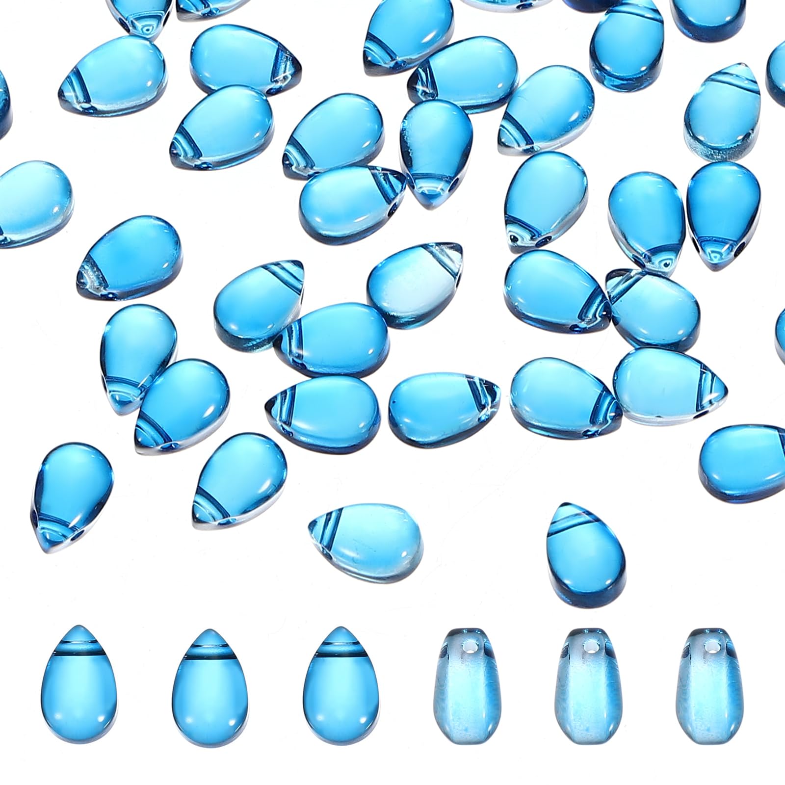 PATIKIL Czech Glass Teardrop Beads, 50 Pcs Top Drilled Clear Glass Seed Beads Crystal Puffed Raindrop Beads, Blue, 6x9mm