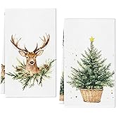 Christmas Tree Kitchen Dish Towels, 18 x 28 Inch Seasonal Winter Christmas Reindeer Decoration Hand Towels Set of 2