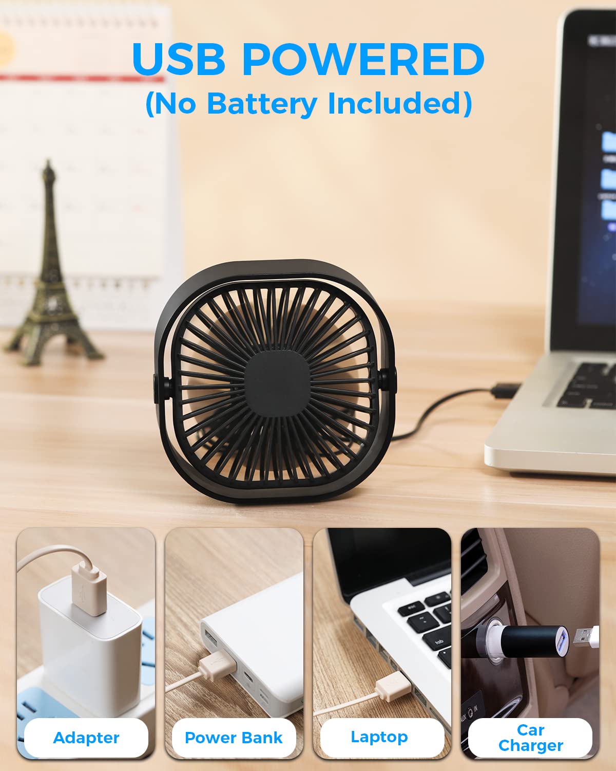 RJVW 4 Inch Small USB Desk Fan, 3-Speed Portable & 360°Rotatable Mini Cooling Fan, USB-Powered Desktop Fan for Home Office Bedroom Dorm Indoor Outdoor Summer Gift
