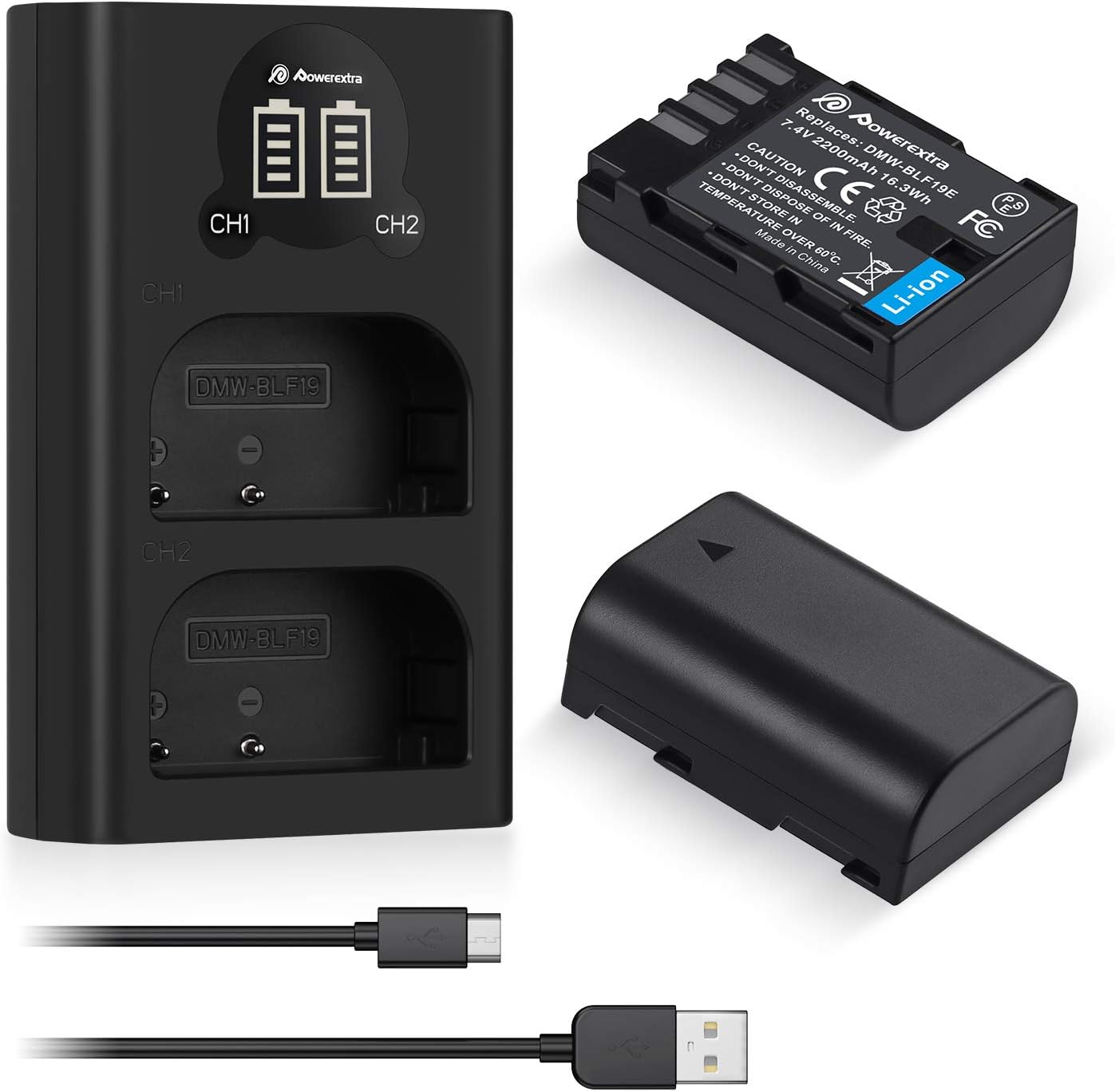 Powerextra DMW-BLF19E DMW-BLF19 Battery 2 Pack 2200mAh and dual USB Charger,Replacement for Panasonic DMW-BLG10,Model DMC-GH5,GH5S,GH4,GH4A,GH4H,GH4KS,GH3,GH3A,GH3H Cameras