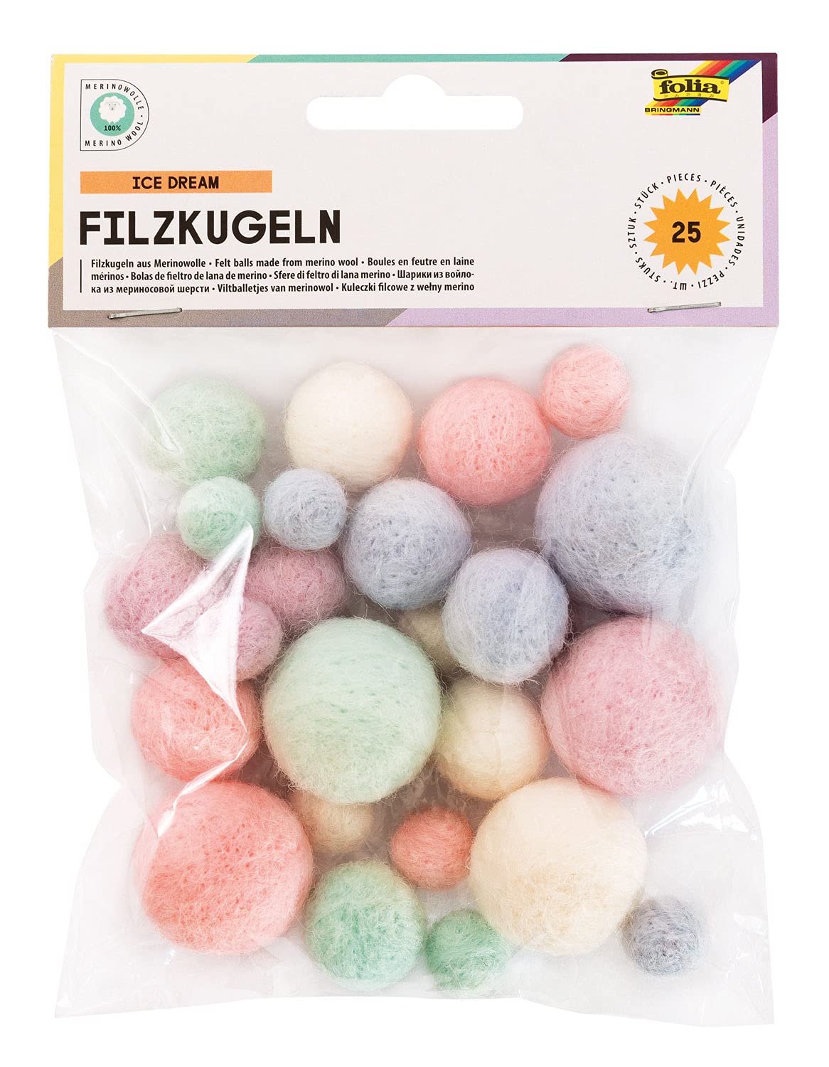 folia Ice Dream 5282 Felt Balls 25 Balls 100% Merino Wool Assorted in 5 Different Colours and 3 Sizes Ideal for Mobiles, Garlands and Much More