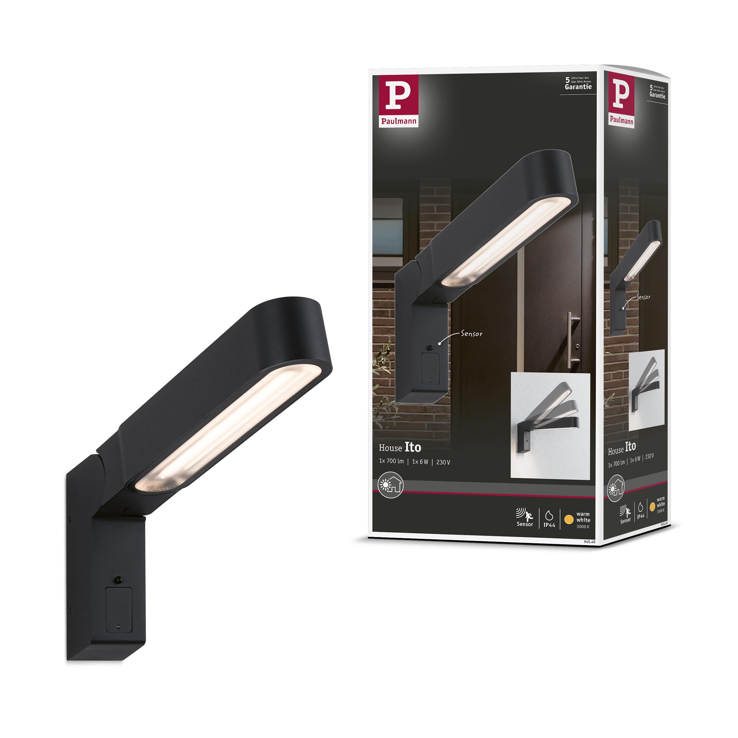 Paulmann 94549 LED outdoor luminaire wall luminaire Ito vertical IP44 47x301mm 65° motion sensor 1x6 watt outdoor anthracite metal, plastic 3000K