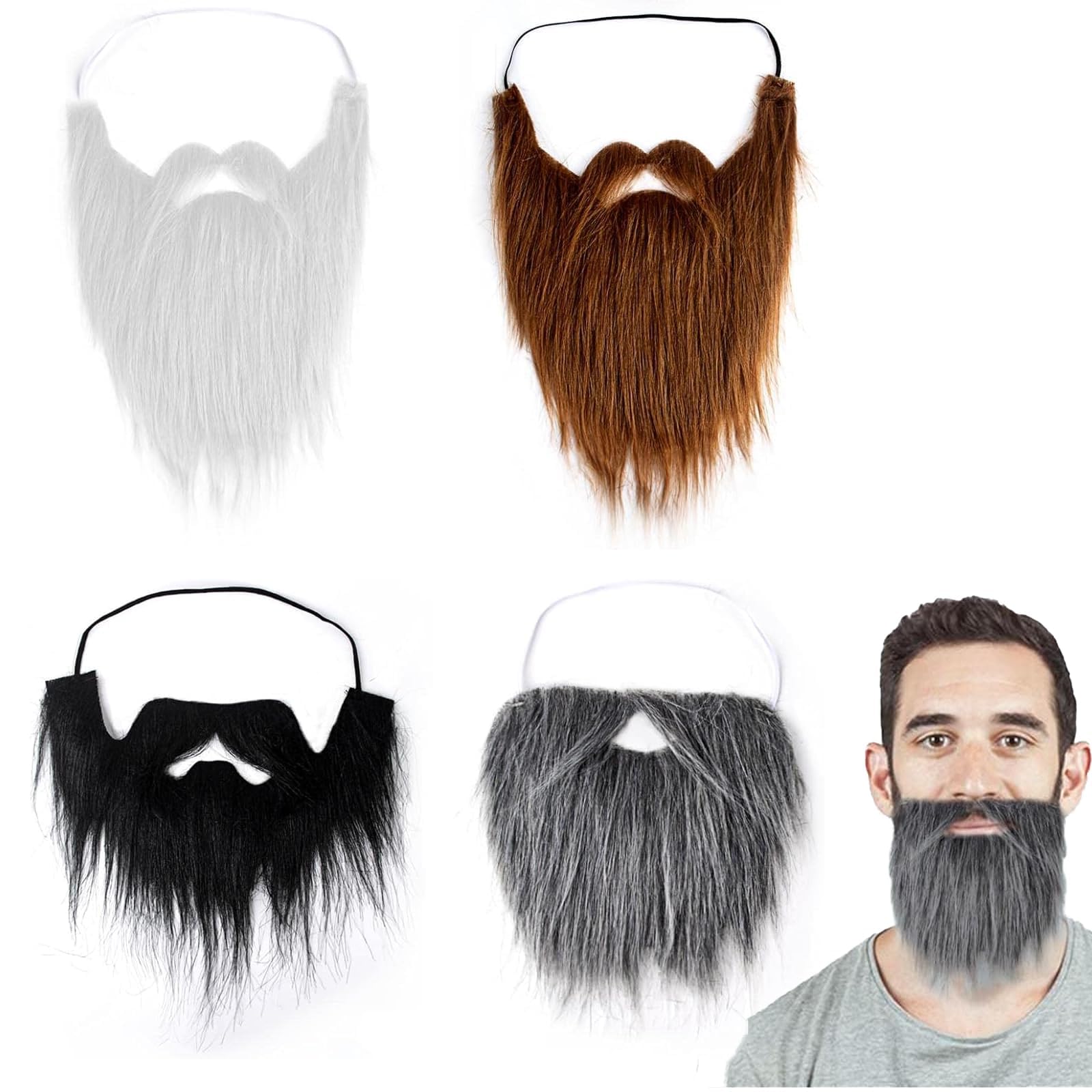 WNXBFO 4 PCS Fake Beards, Halloween Beard with Elastic Strap, False Beards and Moustaches, Easter White Long Hair, Black Beard, Fake Beards Adjustable Costume Beard Party (Black, Orange, White, Gray