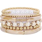 GOOJIDS Simple Beaded Gold Plated Bangles Bracelet Chunky Bamboo Tube Curved Stacking Clear Acrylic Colorful Beads Stretchable Gold Plated Bracelets Set For Women