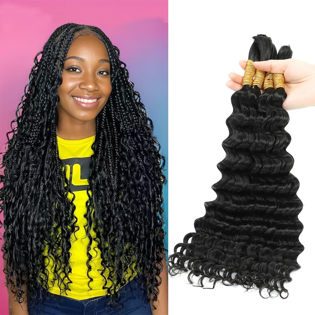 HEFABRIGHT Deep Wave Bulk Raw Human Hair Extension for Braiding Double Drawn Human Hair Extension For Braiding Micro Braiding No Weft Hair Extensions 20 Inch Natural Black 200g(50g x 4) — image 1