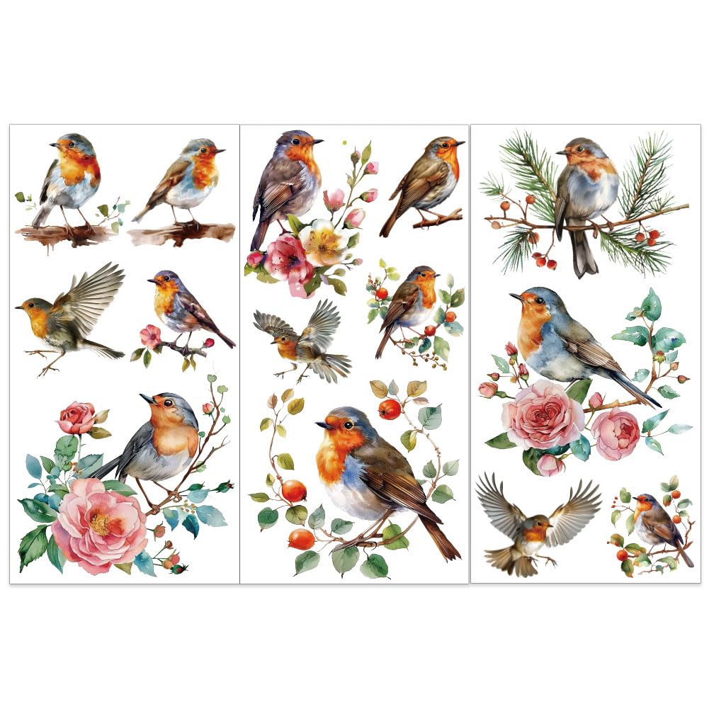 OLYCRAFT 3pcs/Set Bird Rub on Transfers for Furniture and Crafts 15x30cm Robin Decor Transfer Stickers Animal Rub on Decals for Wood Furniture Scrapbooking Home Decorations
