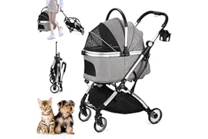 SKISOPGO 3 in 1 Foldable Pet Stroller for Small Medium Dogs Cats, No-Zip Dog Stroller with Detachable Carrier, Push Button, Luxury Pet Gear Stroller for Puppy Travel (Grey)