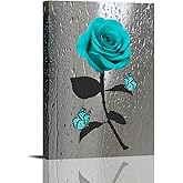 Rtriel Teal Rose Canvas Wall Art Turquoise Blue Flower Prints Contemporary Black and White Pictures for Bathroom Wall Decor 12 x 16 Inch