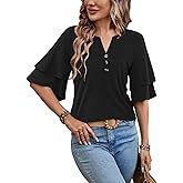 MixShe Tops for Women Split V Neck Button Ruffle Sleeve Casual Summer Lightweight Blouses