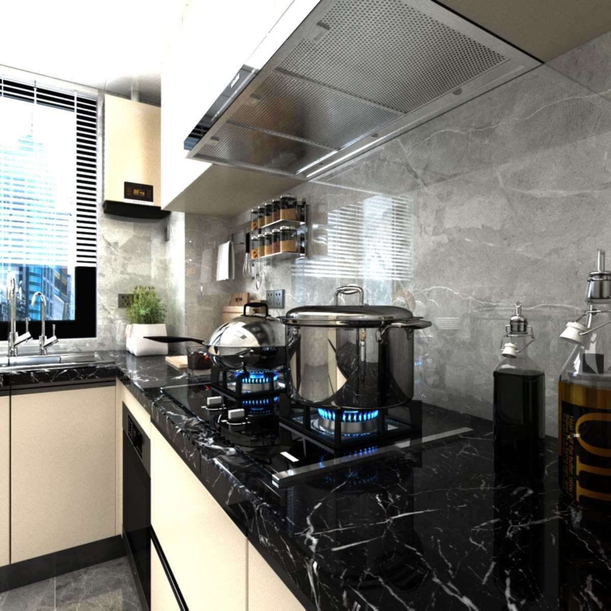 TOTIO 15.75" x 118.11inch Self Adhesive Wallpaper Black Marble Contact Paper Kitchen Worktop Covering Waterproof Tile Stickers Vinyl Furniture Stickers for Kitchen Counter Table Desk - Image 3