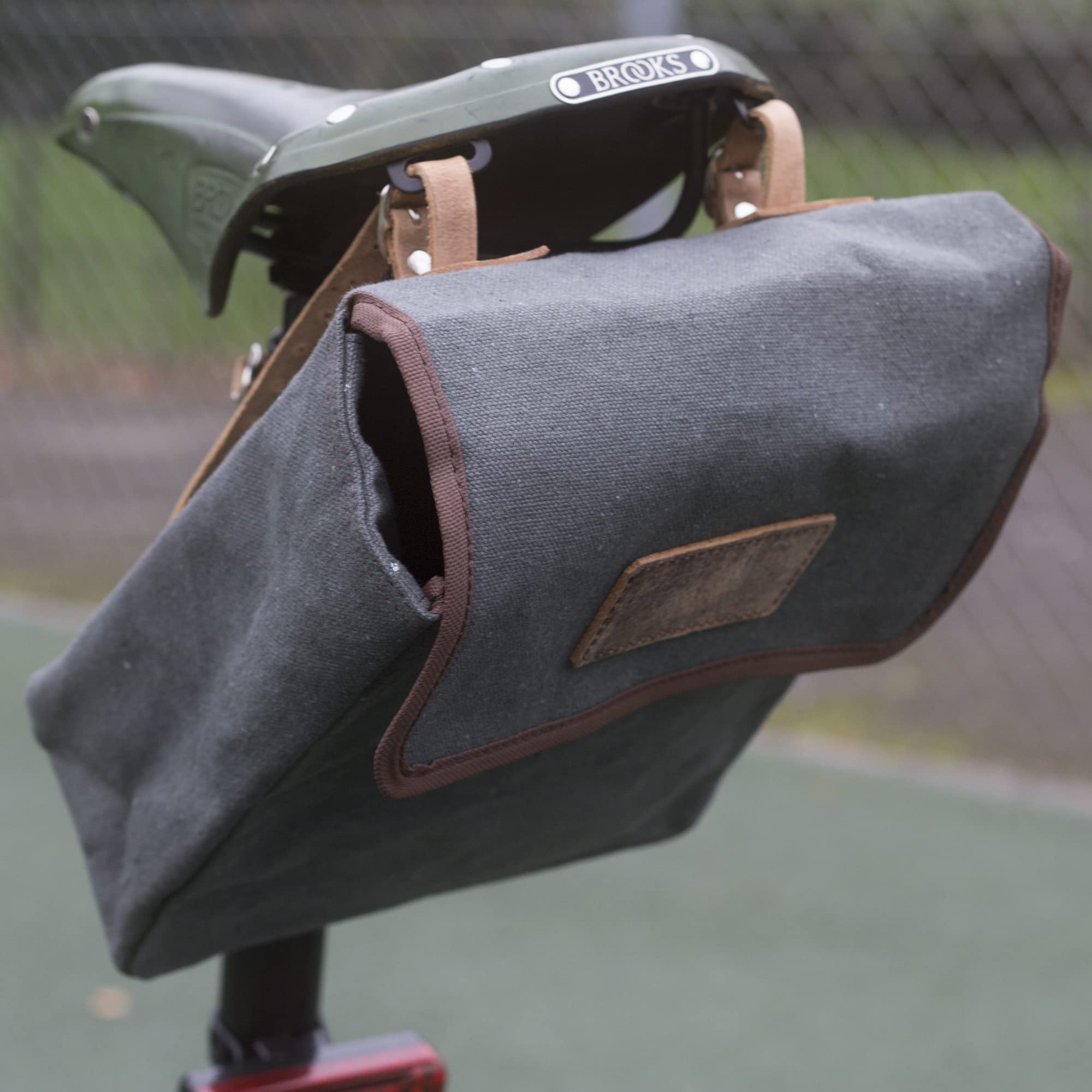 London Craftwork Canvas + Leather Saddle/Handlebar/Frame Bag for Bicycles in Olive Grey (Brown)