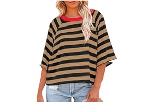 GOBUQIRAN Striped Tshirt Women Loose Fit Quarter Sleeve Tops for Women Plus Size Summer Tops for Women 2024 Trendy Crewneck