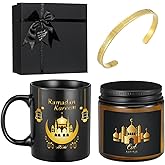 Meanplan 4 Pcs Islamic Ramadan Eid Gifts Mubarak Mug Ramadan Scented Candles Allah Gold Bangles Bracelets Jewelry Gift for Muslim Men and Women Eid Holidays New Year Gifts (Grandeur,Gold, Black)
