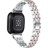 Mtozon Bling Bands Compatible with Fitbit Versa 4/Sense 2/Versa 3/Sense, Women Dressy Slim Bracelet Metal Replacement Wristbands