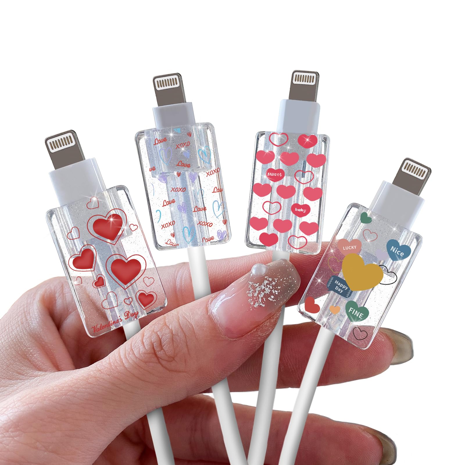 DiyGody Glitter Bling Cable Protector for iPhone Type-c Charger, Sparkle Love Hearts Pattern 4 PCS Set Phone Women Girls, Charging Cord Protector, Chomper, Charger Saver
