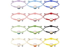 Kigeli 12 Pcs Lucky Cat Bracelets Cute Maneki Neko Bracelet Adjustable Fortune String Feng Shui Bracelet Lucky Cat Ceramic Beads Bracelets with Bell for Women