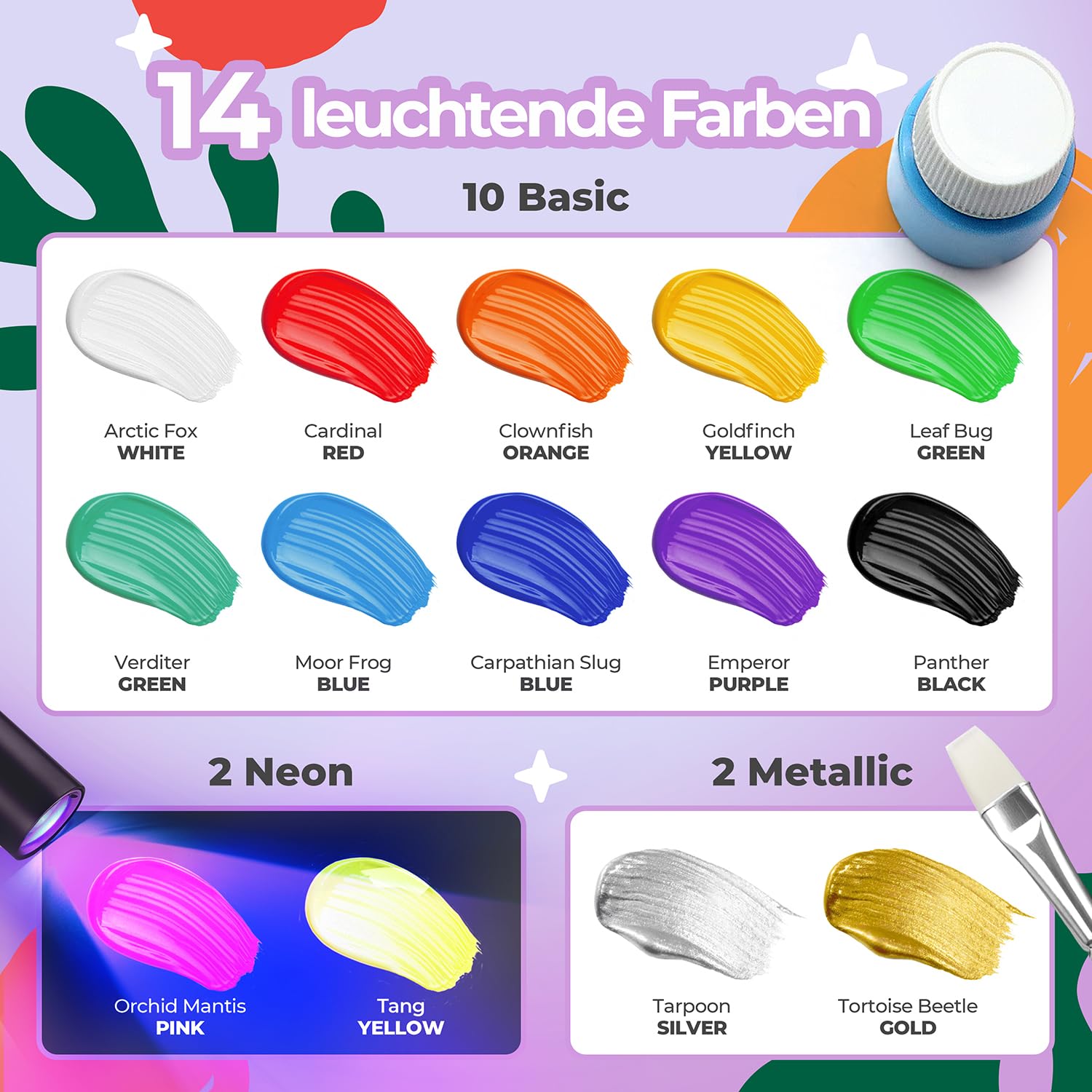 colozoo Textilfarbe Waschmaschinenfest 14x20ml | Waschfestes Set inkl. Gold, Silber, 2 Neonfarben & 3 Pinsel | Zum Malen auf dunklen und hellen Stoffen 5