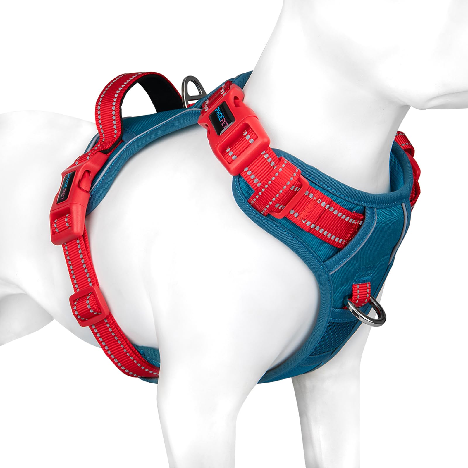 Photo 1 of PHOEPET No Pull Dog Harness, Unique Colors Reflective Adjustable Dog Vest, with Soft Training Handle Metal Clips for Small Medium Large Dogs (Teal Base & Red Straps,L)