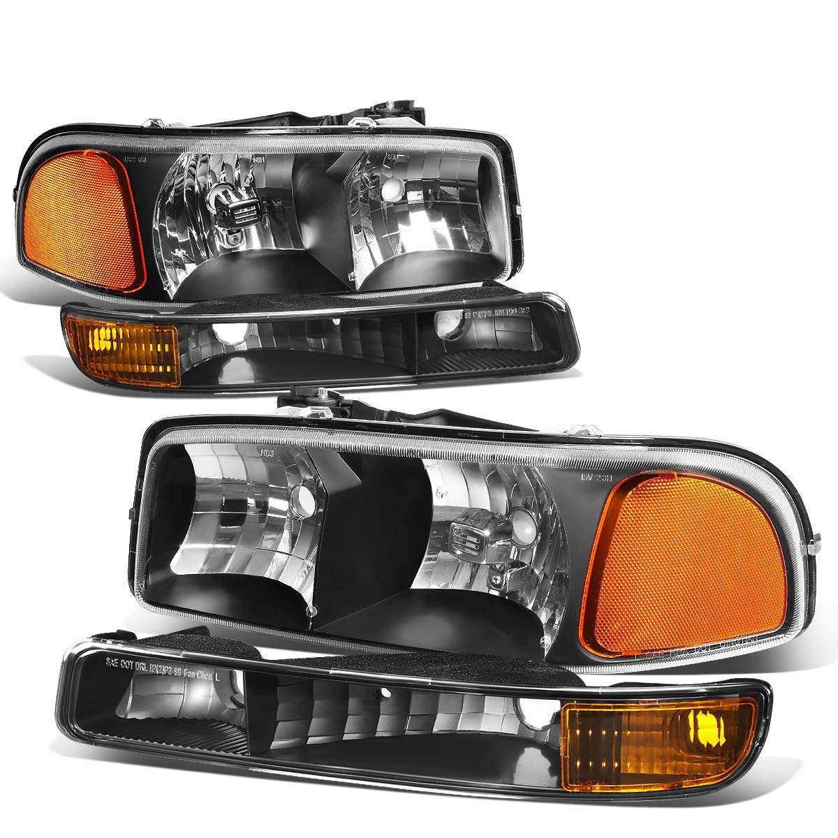 Photo 1 of Auto Dynasty Headlights Assembly Compatible with 1999-2007 GMC Sierra Yukon 1500 2500 3500, Driver and Passenger Side Halogen Headlamps Replacement w/Bumper Lamps, Black Housing Amber Reflector