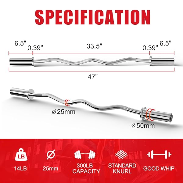 OLYMPIC EZ CURL BAR – 47IN/4FT FOR ARM WORKOUTS, BICEP CURLS, TRICEPS EXTENSIONS – COMPATIBLE WITH 2″ WEIGHT PLATES