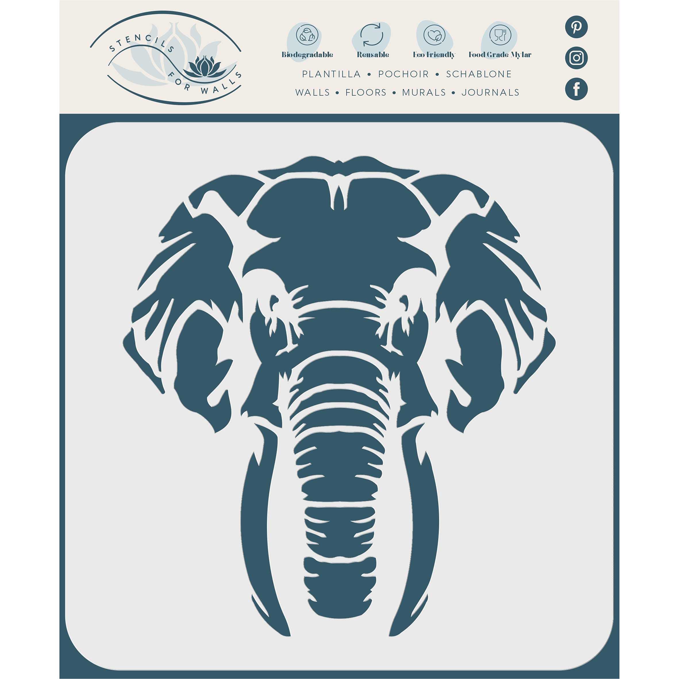Elephant Head Stencil, 16.5 x 19 cm (M) - African Big Five Animal Wildlife Stencils for Painting Template