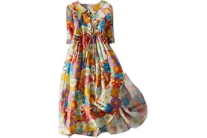 ZWRXW Cotton Linen Dresses for Women 2024 Vintage Short Sleeve Flowy Beach Dress Collar V Neck Button Down Pleated Midi Dress