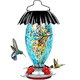 Solar Hummingbird Feeder for Outdoors Hanging Colorful Lighting 32 Oz Hand Blown Glass Hummingbird Feeder for Garden Decoration with Accessories (Blue)