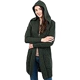 SAOL 100% Merino Wool Ladies Irish Classic Fit Long Cardigan with Hood