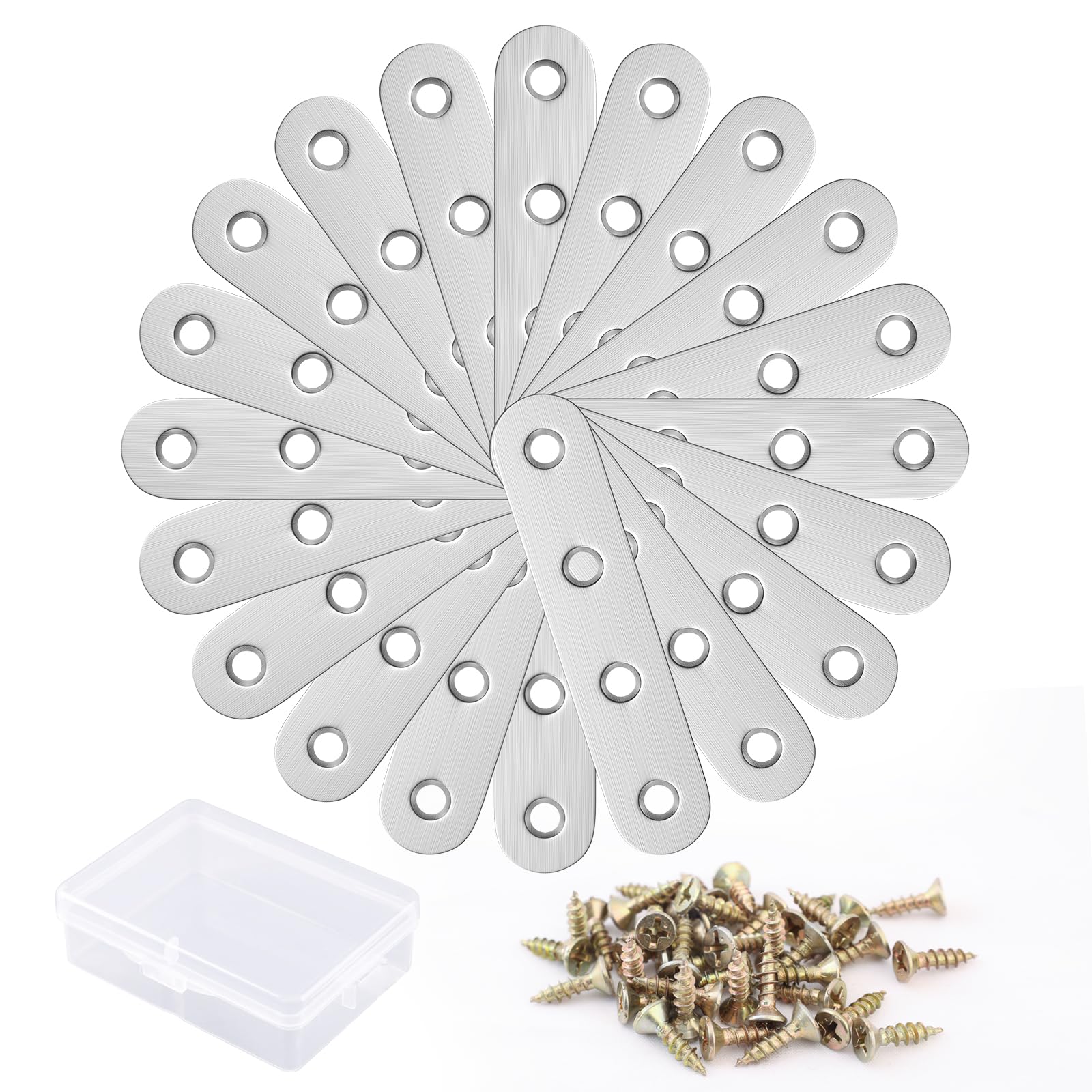 20Pcs Stainless Steel Flat Brackets, 77x16x1.8mm Metal Joining Plates, Flat Shelf Connector, Corner Repair Connecting Plates, Straight Mending Brackets with Screws Storage Box for Wood Furniture