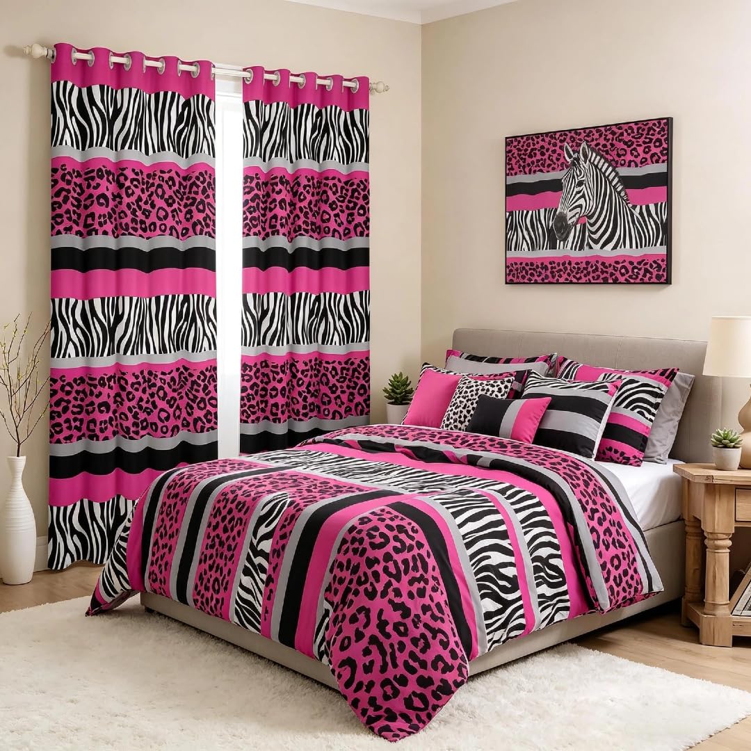 Loussiesd Zebra Stripes Window Curtains for Leopard Curtains For Kids Boys Girls Pink Black White Zebra Leopard Fur Window Drapes Wild Animal Skin Window Treatments,W66*L72 — image 1