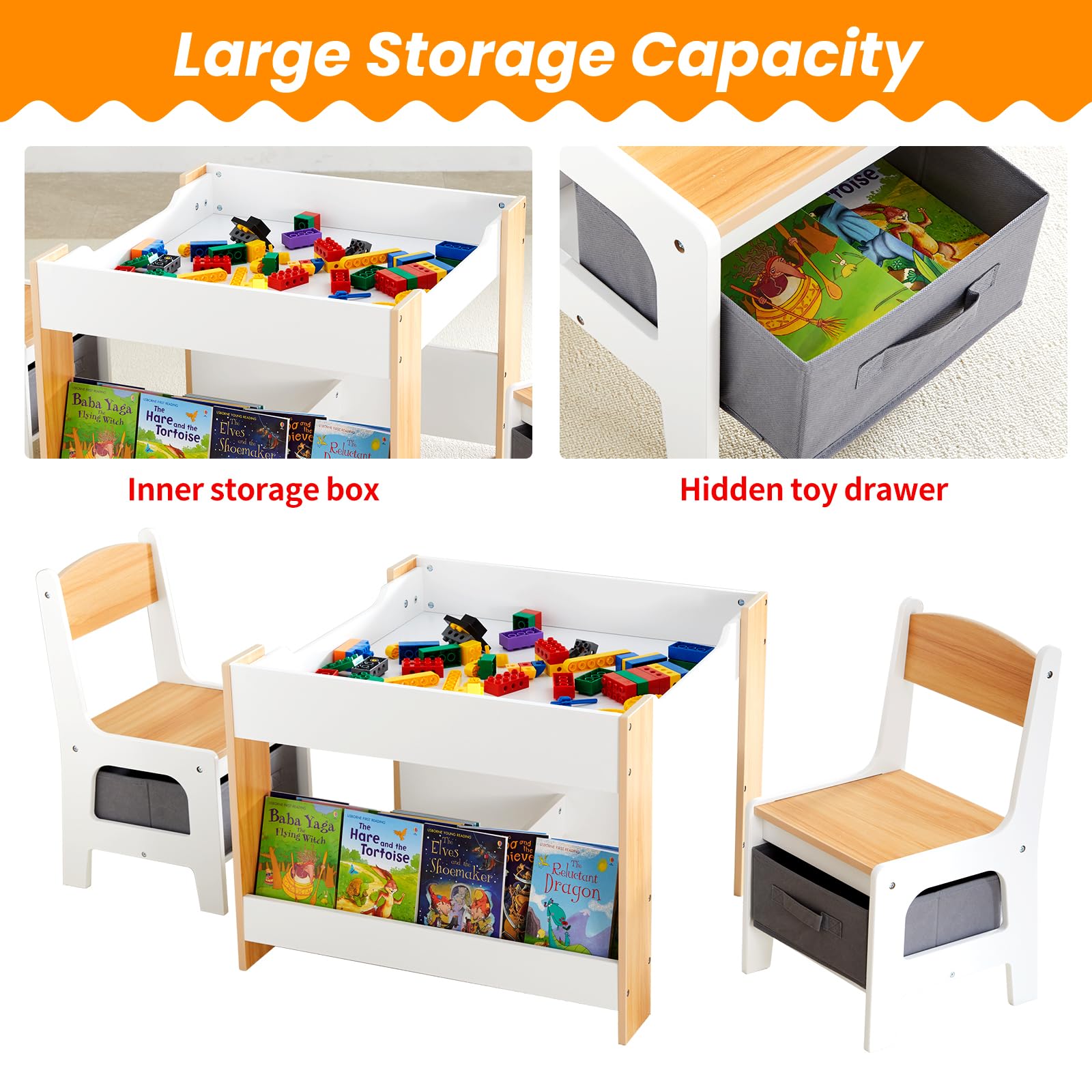Asweets Kids Table and Chair Set,4 in 1 Toddler Desk with Storage Drawer,Wooden Activity Table for 2 in 1 Detachable Tabletop,Bookshelf,Suitable for Classroom,Home,Nursery,Playroom (Natural White)
